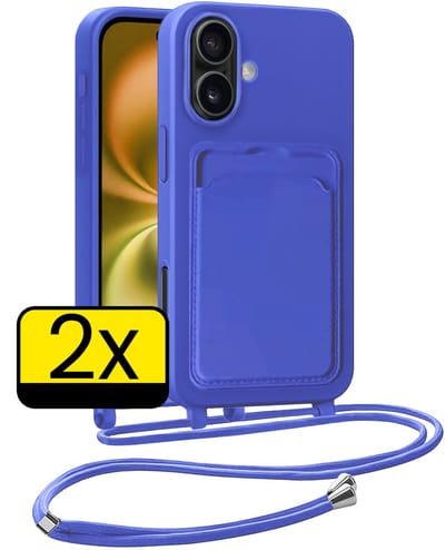Hoesje Geschikt voor iPhone 16 Plus Telefoonhoesje Met Koord Case Pashouder Siliconen - Hoes Geschikt voor iPhone 16 Plus Hoesje Met Kaarthouder - Felblauw - 2 Stuks