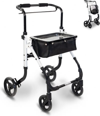Mobiclinic Olimpo - Rollator - Looprek met wielen - Rollator met mandje - Lichtgewicht en Inklapbaar - 4 wielen - Met tas en dienblad - Aluminium - Verstelbaar - Handrem - Wit