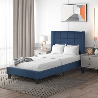 Sweiko Gestoffeerd bed, Gewatteerd Hoofdeinde, Flat noedles frame, Eenpersoonsbed, 90x200cm, Blauw linnen, Medium sterkte (Ggeen matras)