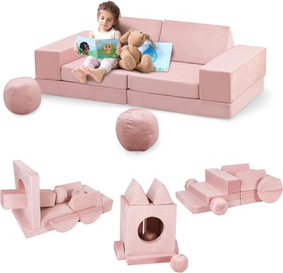 Kinderbank, 12-delig, speelbank van schuimrubber, bouwstenen met comfortabele suède, modulaire speelbank voor kinderen om te spelen,140x45x70CM (Roze)