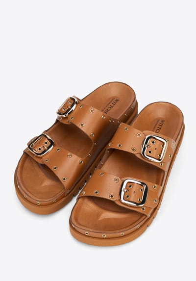 Wittchen Dames leren slippers met metalen details, bruin natuurlijk leer