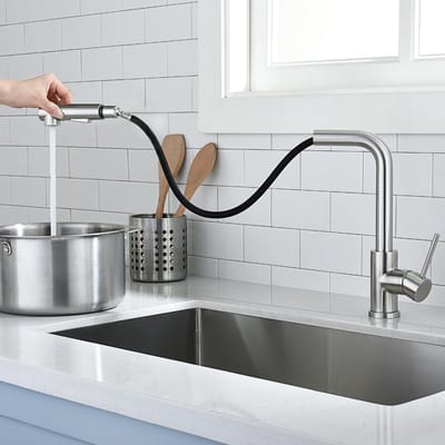 Keukenkraan met sproeier, uittrekbaar, wastafelarmatuur, waterkraan keuken, eengreepsmengkraan, keuken, 360° draaibaar, hoge druk, twee sproeifuncties, geborsteld roestvrij staal