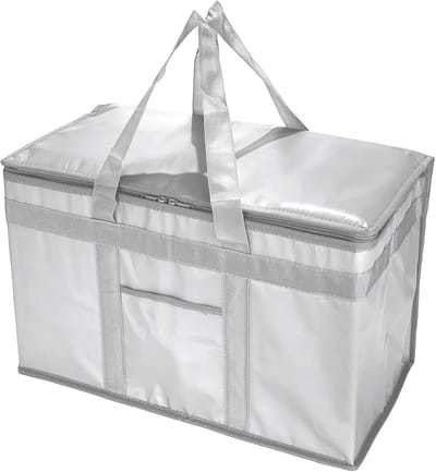 Grote Geïsoleerde Koeltas, Herbruikbare Dubbele Rits Koeltas voor Voedselbezorging, Houdt Eten Warm of Koud, Ideaal voor Boodschappen, 58.5 x 38 x 35.5 cm, Grijs, XXL Formaat