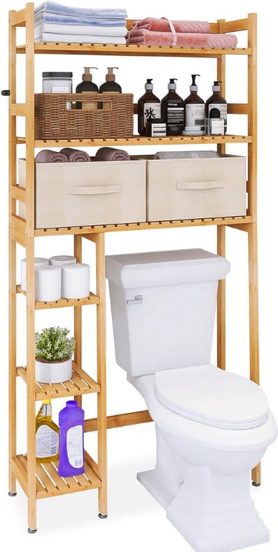 Badkamer Opbergrek Met Lade Bamboe Toiletrek Vrijstaand Ruimtebesparend Rek Met 3 Verstelbare Niveaus Natuurlijk
