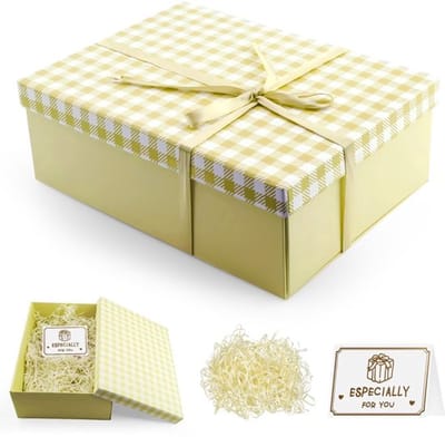 MOSTFUN Geschenkdoos met deksel, 25 x 18 x 8,5 cm, geschenkdoos, geschenkdoos met strikken, wenskaarten, Raffia voor verjaardagen, bruiloften, Kerstmis, Valentijnsdag (geel)