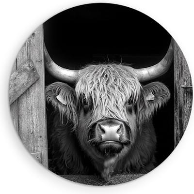 Saammp - Muurcirkel Hout - Schotse Hooglander Koe Vanuit een schuur - Landschap - Dieren - Natuur - Ø 90 - Wandcirkel - Wanddecoratie Cirkel - muurdecoratie Woonkamer - Slaapkamer decoratie - Rond Schilderij