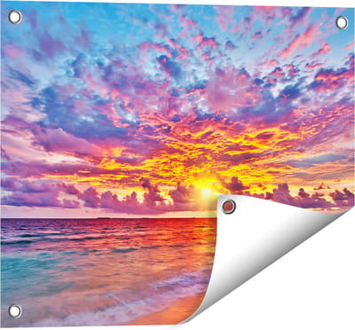 Gards Tuinposter Zonsondergang op het Strand in de Malediven - 50x40 cm - Tuindoek - Tuindecoratie - Wanddecoratie buiten - Tuinschilderij