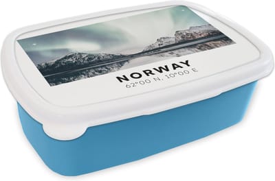 Broodtrommel Blauw - Lunchbox - Brooddoos - Noorwegen - Noorderlicht - Water - 18x12x6 cm - Kinderen - Jongen