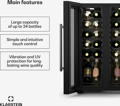 Klarstein Wijnkoeler Shiraz Wijnkoelkast - 2 Koelzones - Touch control - LED verlichting - Vrijstaand - Zwart - 24 Flessen - voor Wijnliefhebber voor Bar - Compressor - glas Kunststof - Wijnklimaatkast - Wijnkast - Wine Cooler