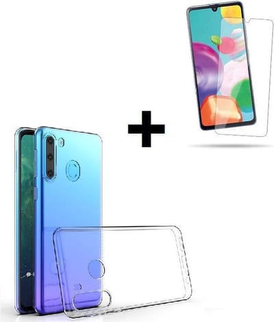 Geschikt voor Samsung Galaxy A21 hoes TPU Siliconen Case hoesje Transparant + Screenprotector Tempered Gehard Glas Pearlycase
