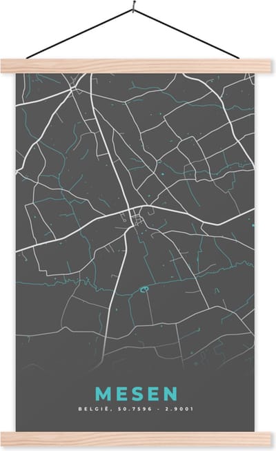 Posterhanger incl. Poster 40x60 cm - Schoolplaat - België – Mesen – Stadskaart – Kaart – Blauw – Plattegrond - Textielposter - Blanke latten - Stadskaart