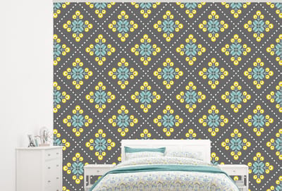 Behang - Fotobehang Design - Ruit - Bloemen - Grijs - Breedte 300 cm x hoogte 240 cm