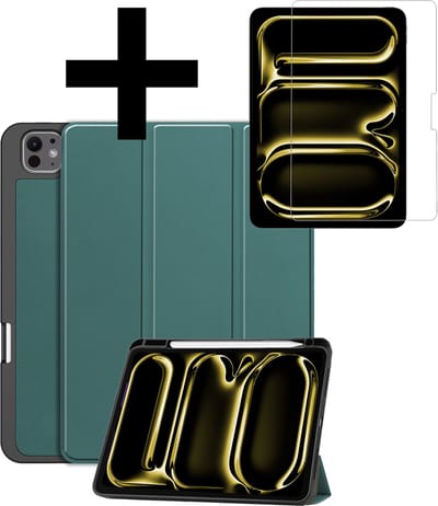 Hoes - Geschikt voor Apple iPad Pro (2024/2025) - 11 inch - Met Screenprotector - Trifold Bookcase - Hard Cover Case - Met Uitsparing Geschikt voor Apple Pencil - Hardcover Book - Tablet Hoesje - Donkergroen