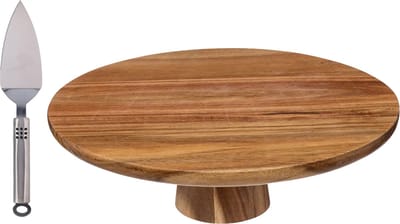5Five taart/gebak serveerschaal - plat - rond - acacia hout - 28 x 9 cm - presentatie schaal