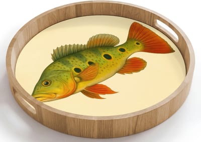 Dienblad rond 40x40 cm - Schootdienblad hout - Schubben - Vis - Groen - Illustratie - Borrelplank rechthoek - Plateau houten dienbladen