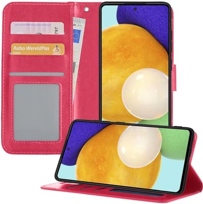 Hoesje - Met Pasjeshouder - Geschikt voor Samsung Galaxy A52 5G - Luxe Bookcase Portemonee - Flip Case - Kunstleer Book Case - Flipcase - Book Cover - Walletcase - Portemonneehoes - Telefoonhoesjes - Donkerroze