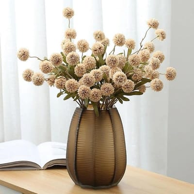 SnelShoppen - Pack van 6 Kunstbloemen Pompom, Moeder Kunstzijde, Mini Chrysant met Stelen, Beige Voor Boeket, DIY Tafelaankleding, Kantoor, Bruiloft D