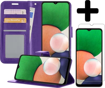 Hoesje - Met Screenprotector - Geschikt voor Samsung Galaxy M22 - Luxe Pasjeshouder - Bookcase Portemonee - Flip Case - Kunstleer Book Case - Flipcase - Book Cover - Walletcase - Portemonneehoes - Telefoonhoesjes - Paars
