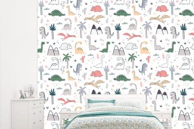 Behang - Fotobehang Patronen - Dino - Boom - Jongetje - Jongens - Kinderen - Kids - Breedte 315 cm x hoogte 260 cm
