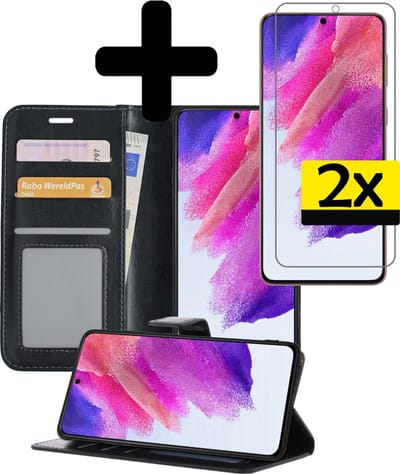 Hoesje - Met 2x Screenprotector - Geschikt voor Samsung Galaxy S21 FE - Luxe Pasjeshouder - Bookcase Portemonee - Flip Case - Kunstleer Book Case - Flipcase Hoes - Book Cover - Walletcase - Portemonneehoes - Telefoonhoesjes - Zwart
