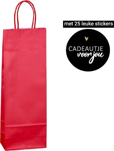 25 x Wijntas 14+8x39cm voor 1 Fles Rood + stickers "Cadeautje voor jou" /Flestas papier / Cadeauverpakking /draagtas voor Fles/wijn / Fleszak · Fles zak-Geschenktas-Flesverpakking-Cadeautas-Verjaardag-Kerst
