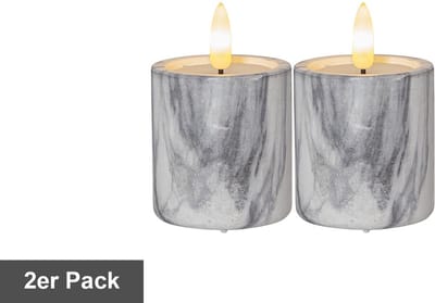 Star Trading kaarsenset Flamme Marble, 2 stuks, pilaarkaarsen, marmer design, LED, timer, warm wit, 9 cm