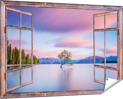 Gards Tuinposter Doorkijk Wanaka Boom in het Water bij Zonsopgang - 150x100 cm - Tuindoek - Tuindecoratie - Wanddecoratie buiten - Tuinschilderij