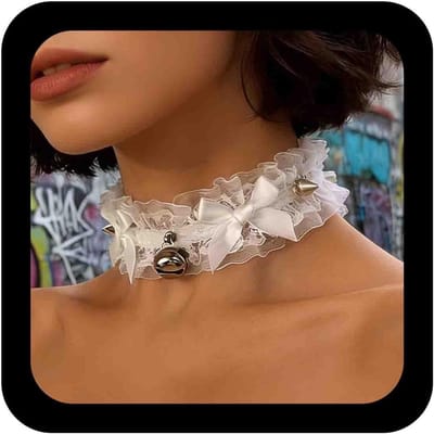 Dailygoods - Gothic boog kant halsband kort breed kant halsband halsband zwart kant boog kousenband riem zilveren klokkraag kousenband Lolita Cosplay kostuum halsband