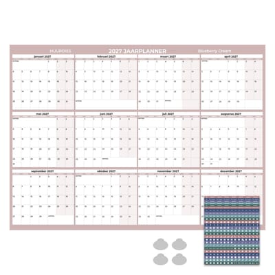 Huurdies Jaarplanner 2027 – Maandagstart – Inclusief Planningsstickers & Ophangstickers – 115 g/m² Blueback – Weekenden Gekleurd – Blueberry Cream