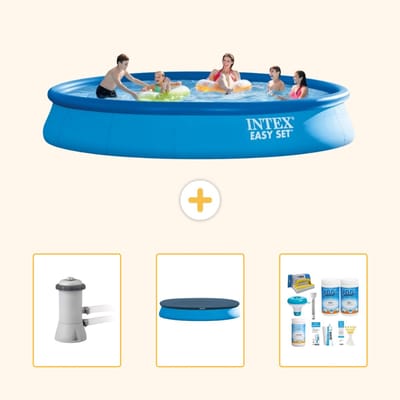 Intex Rond Opblaasbaar Easy Set Zwembad - 457 x 84 cm - Blauw - Inclusief Pomp - Afdekzeil - Onderhoudspakket - 4-delig