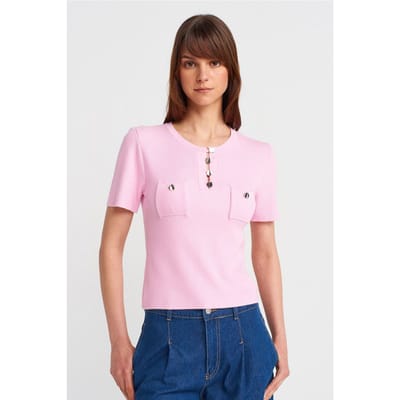 Geribde Brei Blouse met Knopdetail