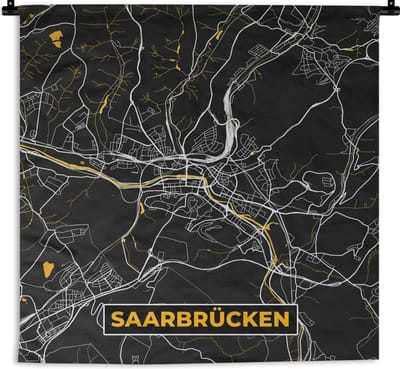 Wandkleed - Wanddoek - Black and Gold – Stadskaart – Saarbrücken – Duitsland – Plattegrond – Kaart - 180x180 cm - Wandtapijt