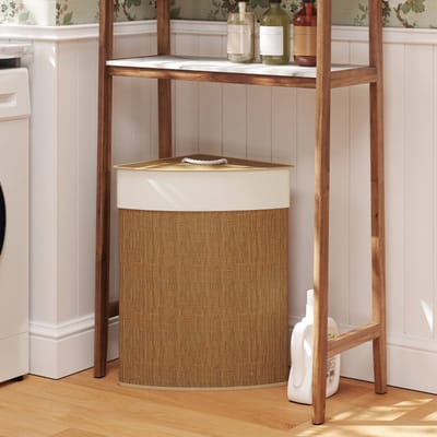 MODFU Wasmand - Met Deksel En Uitneembare Waszak - Hoekontwerp - Bamboe - Bruin - 35 x 35 x 60 cm