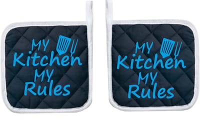 Eizook Pannenlappen 2 Stuks Navy Bedrukt - MY KITCHEN MY RULES - In BLAUW- Zacht Katoen met Polyester Pannenonderzetter Hittebestendige Pannenlap tot 250°C