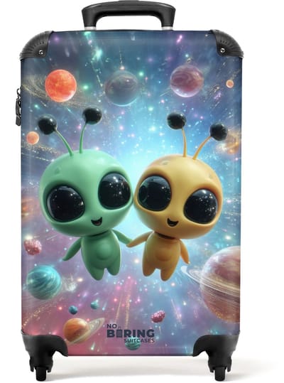 NoBoringSuitcases.com - Koffer - Twee aliens in de ruimte - Past binnen 55x40x20 cm en 55x35x25 cm - Trolley handbagage - Valiezen met wieltjes volwassenen - Reiskoffer op wielen - Rolkoffer lichtgewicht