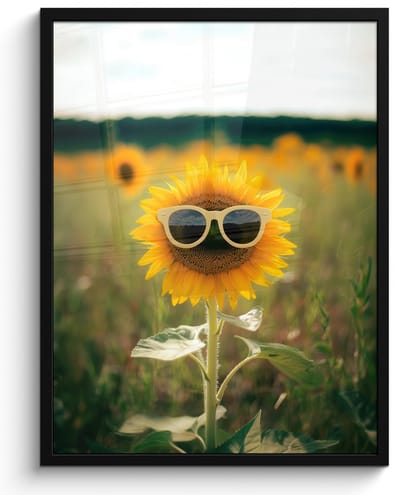 Poster in lijst - Fotolijst 50x70 cm - Posters - Zonnebloem - Veld - Zonnebril - Posterlijst zwart - Decoratie - Wanddecoratie woonkamer - Muurdecoratie slaapkamer