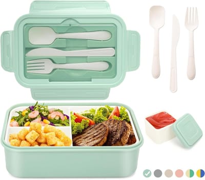 Famanu - Lunchbox voor volwassenen en, bentobox, broodtrommel, 1400 ml, 3 vakken, incl. bestek, snackbox voor magnetrons en vaatwassers, school, werk, picknick, reizen (lichtgroen + sausbox)