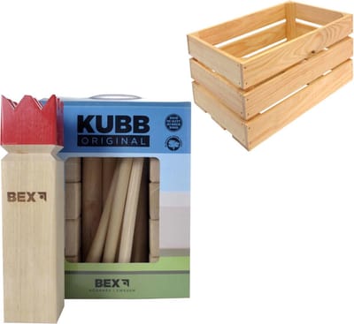 Bex Sport Original Kubb Rode Koning -Rubberhout inclusief houten opbergkrat