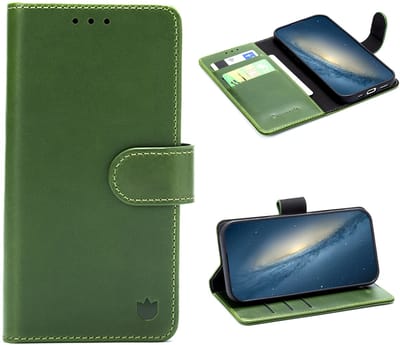 Casemania Echt Leren Hoesje Geschikt voor Apple iPhone 16e - Olive Green - Leer Book Cover - Portemonnee Hoes met Pasjeshouder