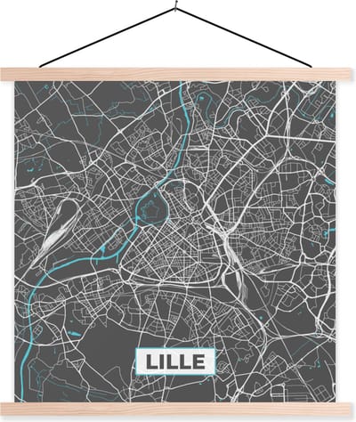 Posterhanger incl. Poster 40x40 cm - Schoolplaat - Lille - Frankrijk - Plattegrond - Kaart - Stadskaart - Textielposter - Blanke latten - Stadskaart