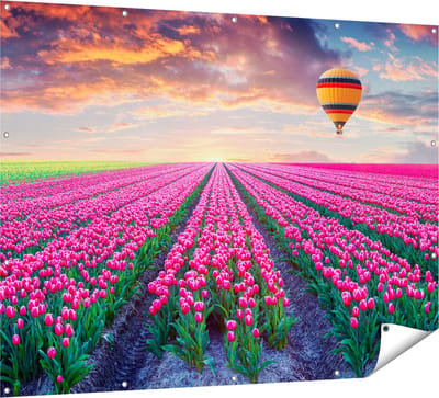 Gards Tuinposter Bloemenveld met Roze Tulpen - Luchtballon - 160x120 cm - Tuindoek - Tuindecoratie - Wanddecoratie buiten - Tuinschilderij