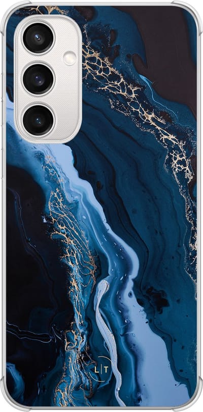 Shockproof hoesje - Geschikt voor Samsung Galaxy S23 FE - Marmer lagoon blauw - Extra sterke case - TPU/polycarbonaat - Marmer - Blauw, Transparant