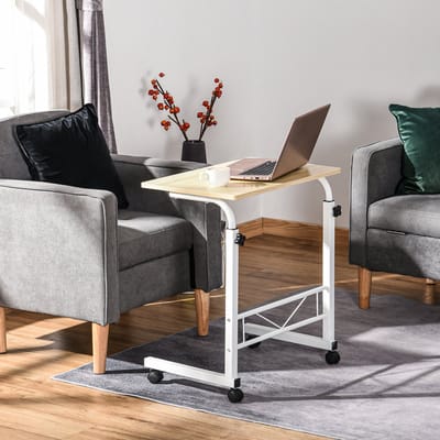 REDOM C-vormige bijzettafel hoogteverstelbaar 68–78 cm met wielen & remmen, staal & maple, 60×40 cm, draagkracht 20 kg