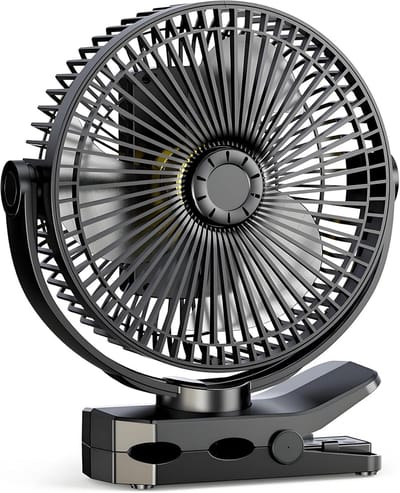 Oplaadbare ventilator met klem en 12000 mAh-batterij - 4 snelheden, USB-oplaadfunctie voor kantoor, thuis, kamperen in de buitenlucht Automatische oscillatie, timer, sfeerverlichting met 3 standen