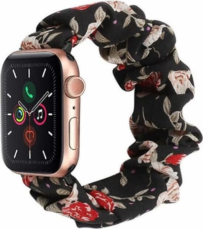 Strap-it Scrunchie band - Geschikt voor Apple Watch bandje -Series 1/2/3/4/5/6/7/8/9/10/11/SE/SE2/SE3/Ultra (2) - Bloemen - Elastisch haarelastiek bandje van nylon - iWatch bandje voor maat: 44mm / 45mm / 46mm / 49mm