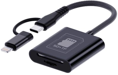 USB-C + 8-Pin naar SD + Micro-SD (TF) Geheugenkaartlezer - Adapter voor iPhone, iPad, MacBook en Android - zwart