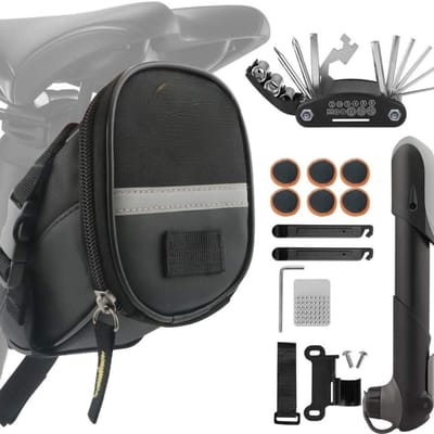 Famanu – Fietszadeltas met fietspomp en fietsreparatieset - 16-in-1 fietsmultitools met noodgereedschap - fietsreparatieset - bandenlichters met zadeltas - fietsreparatieset voor onderweg