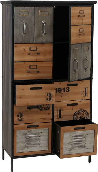 Apothekerskast MCW-O80, hoge kast met lades, vintage shabby-look 136x73x35cm, naturel metalen look