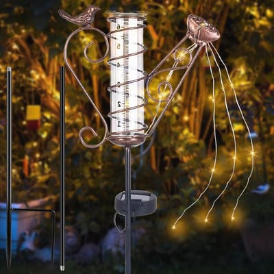 Regenmeter Tuin - Neerslagmeter Glas - Planten Water Geven - Zonne-energie Verlichting - 14 cm Schaal - Roestkleur