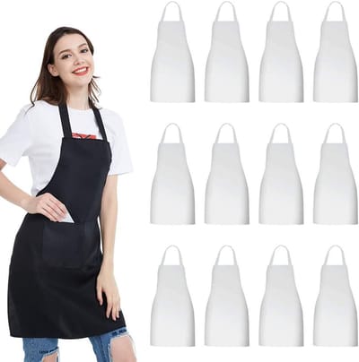 Keukenschort, 12 stuks, uniseks, zwart met 2 ruime zakken, machinewasbaar, voor keuken, knutselen, grillen, tekenen, Wit/weelderige tuin, M